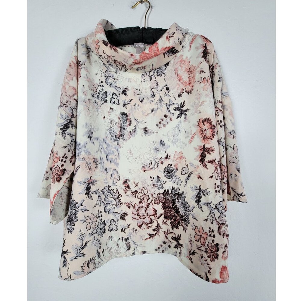 Chico's Womens Floral Cowl Neck Blouse Top Size 3 US 16/18 White Pink 3/4 Sleeve